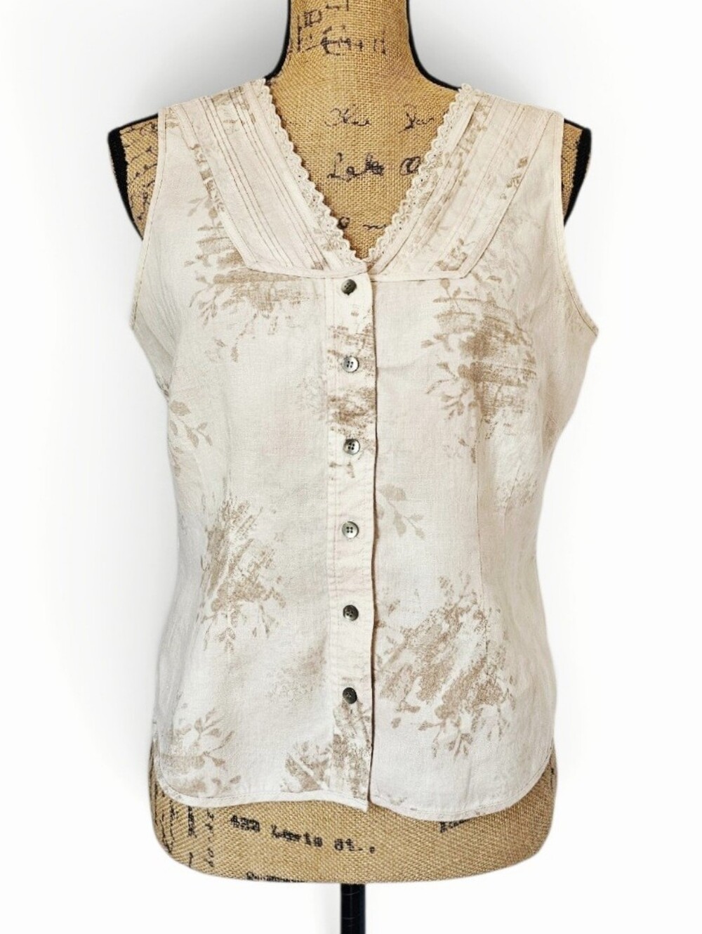 J.Jill 100% Linen Beige Boho Floral Sleeveless Button Up Women's Top, Size SP